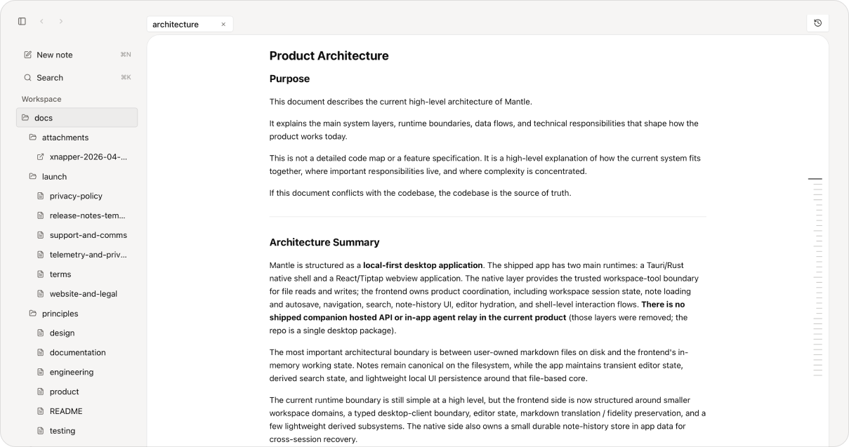 Mantle showing a product architecture markdown document