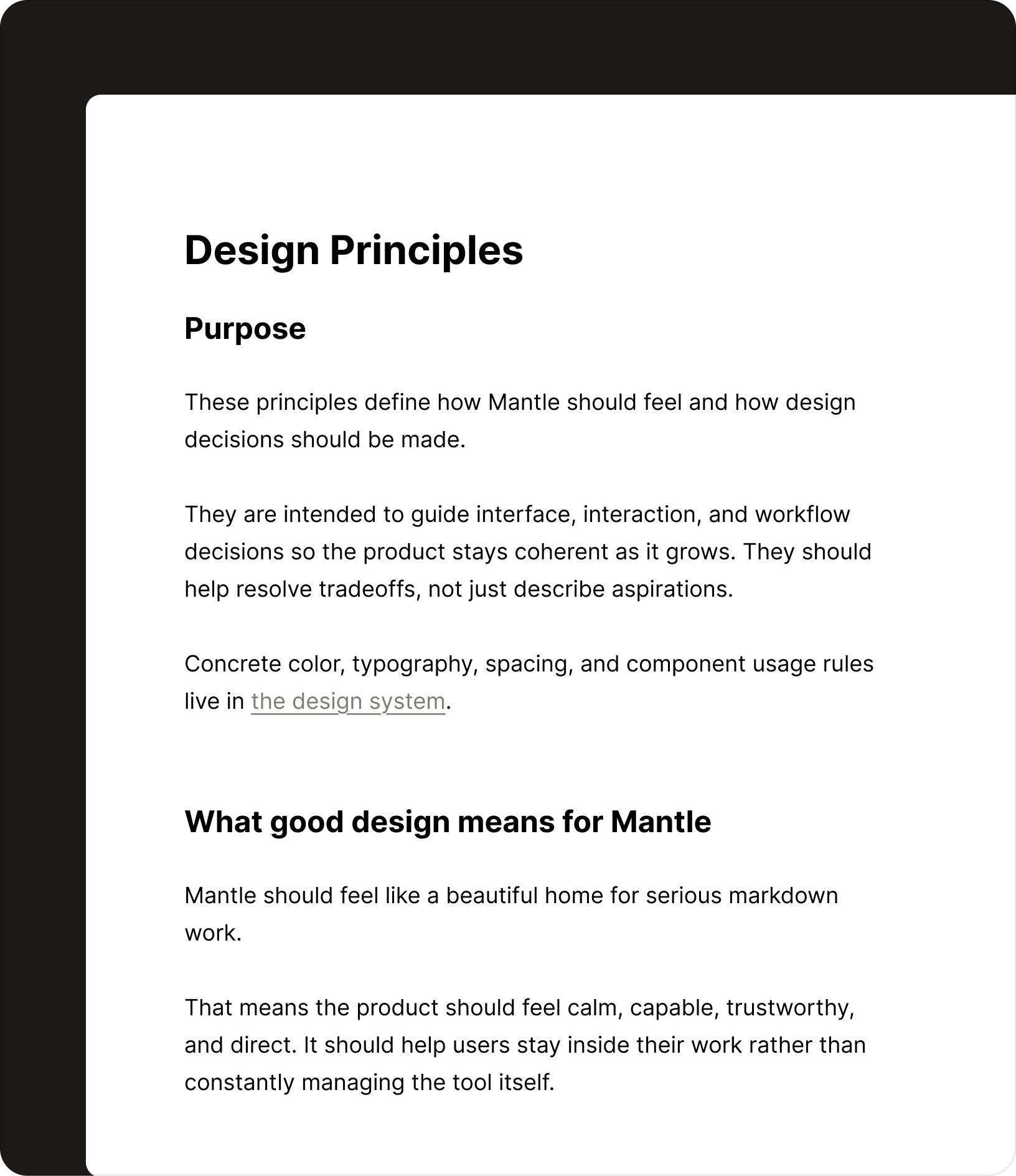 A design principles markdown document in Mantle
